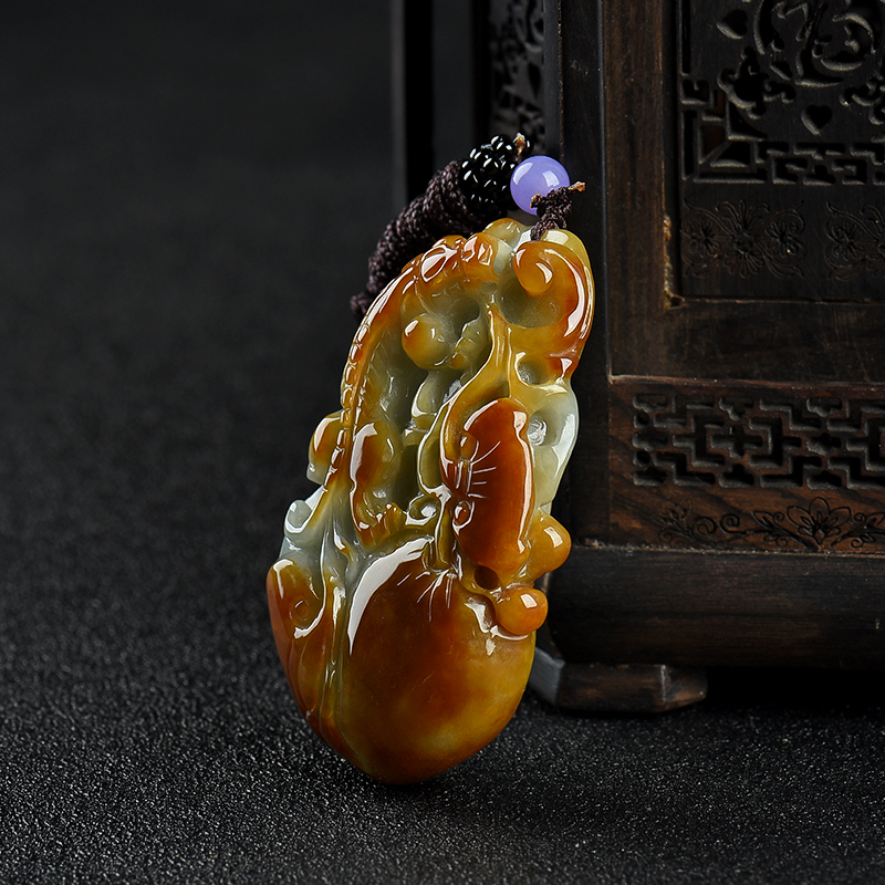 缅甸糯种俏色翡翠福寿如意吊坠-红掌柜