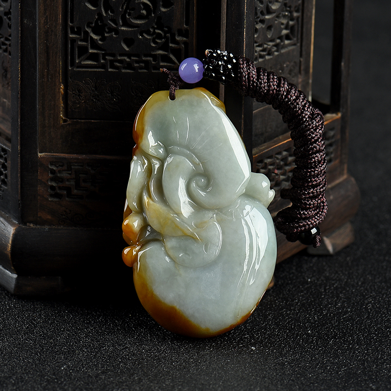 缅甸天然俏色翡翠福寿如意吊坠-红掌柜