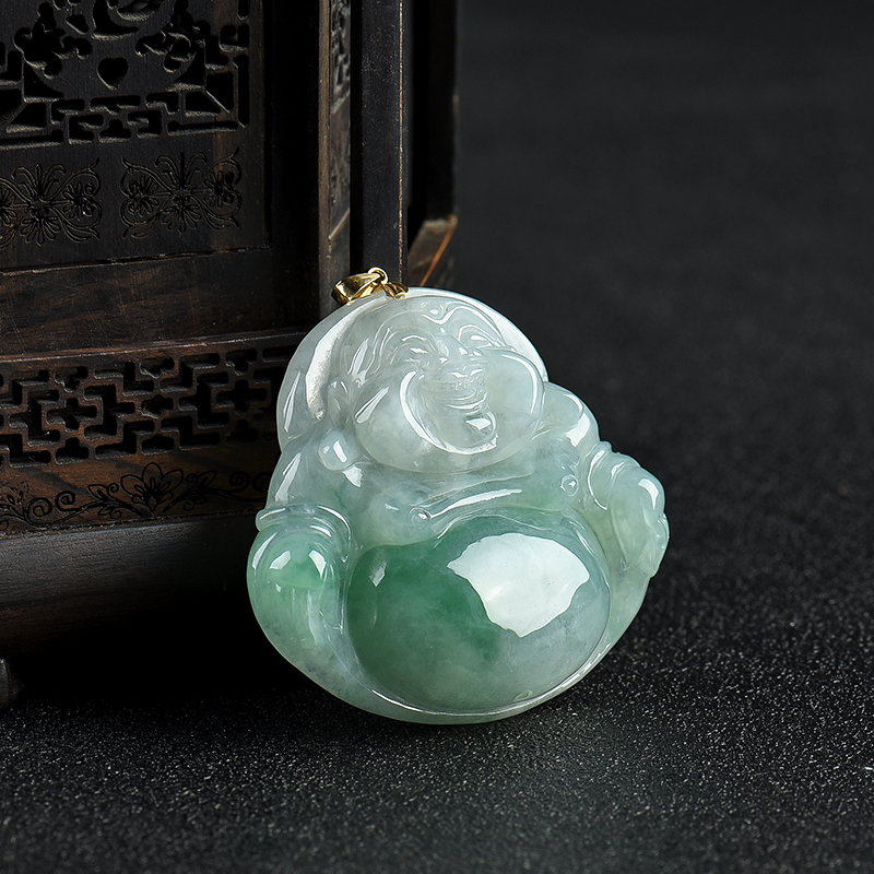 天然糯种蓝绿翡翠弥勒佛吊坠-红掌柜