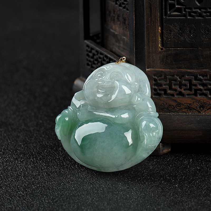 缅甸糯种蓝绿翡翠弥勒佛吊坠-红掌柜