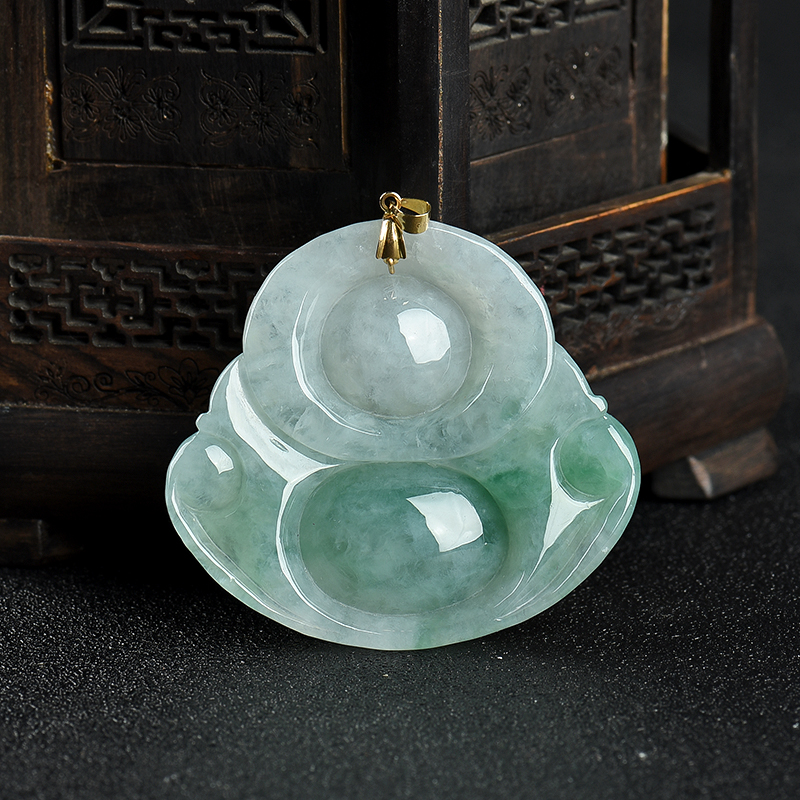 缅甸天然蓝绿翡翠弥勒佛吊坠-红掌柜