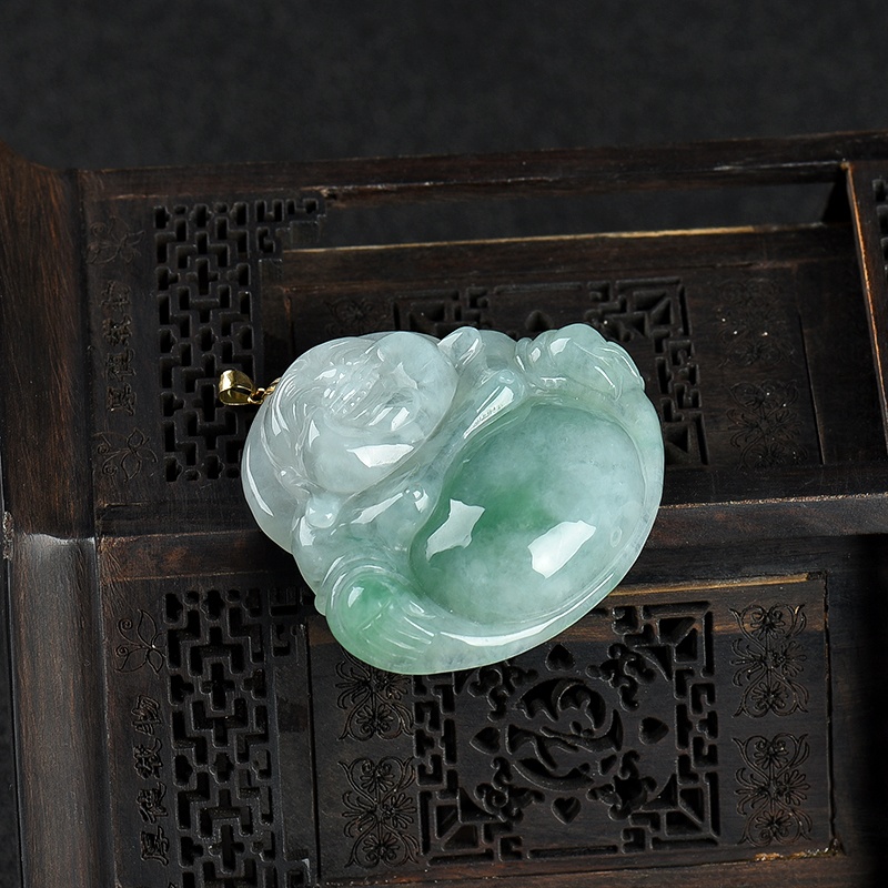 缅甸天然糯种翡翠弥勒佛吊坠-红掌柜