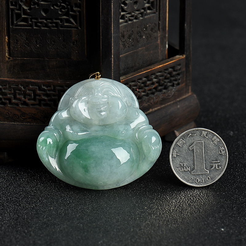 糯种蓝绿翡翠弥勒佛吊坠-红掌柜