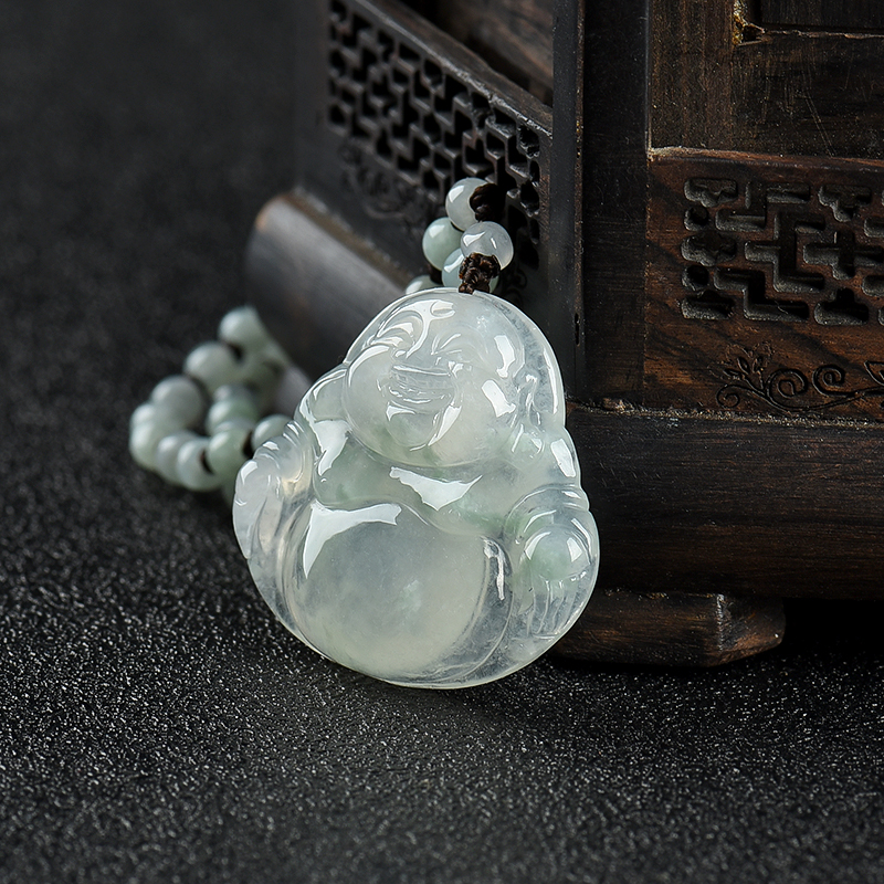 缅甸糯冰种飘花翡翠弥勒佛吊坠-红掌柜