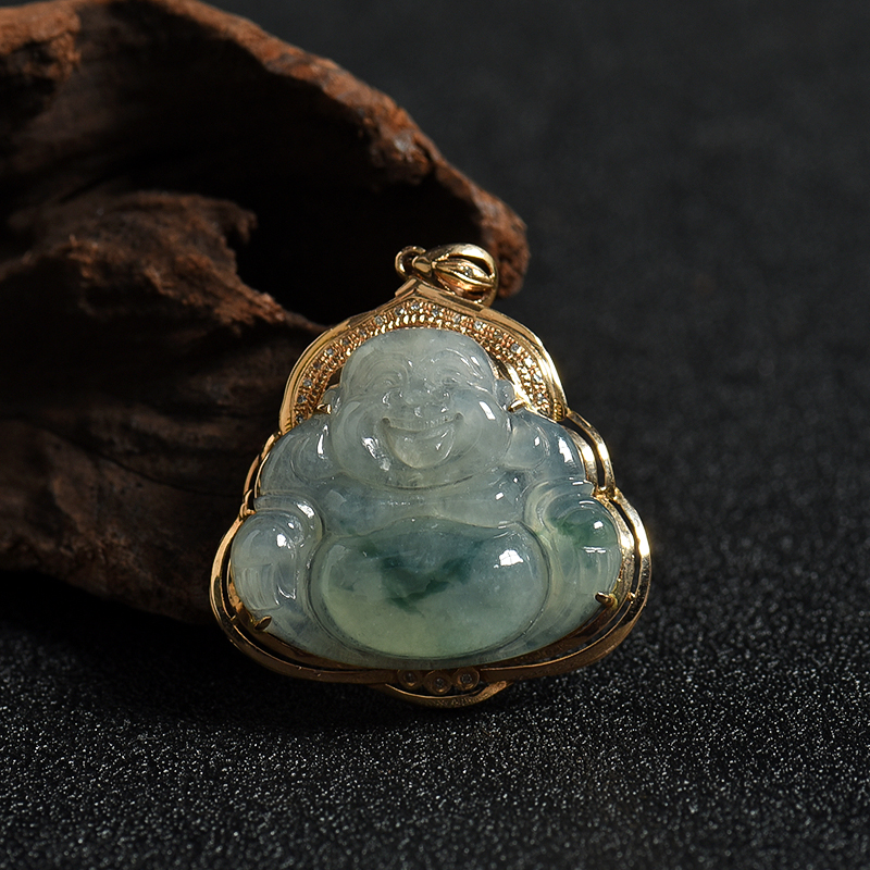 18k镶钻糯种飘花翡翠弥勒佛吊坠-红掌柜