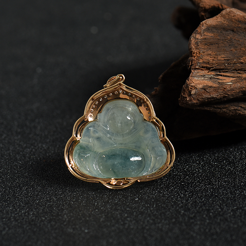 飘花翡翠弥勒佛吊坠-红掌柜