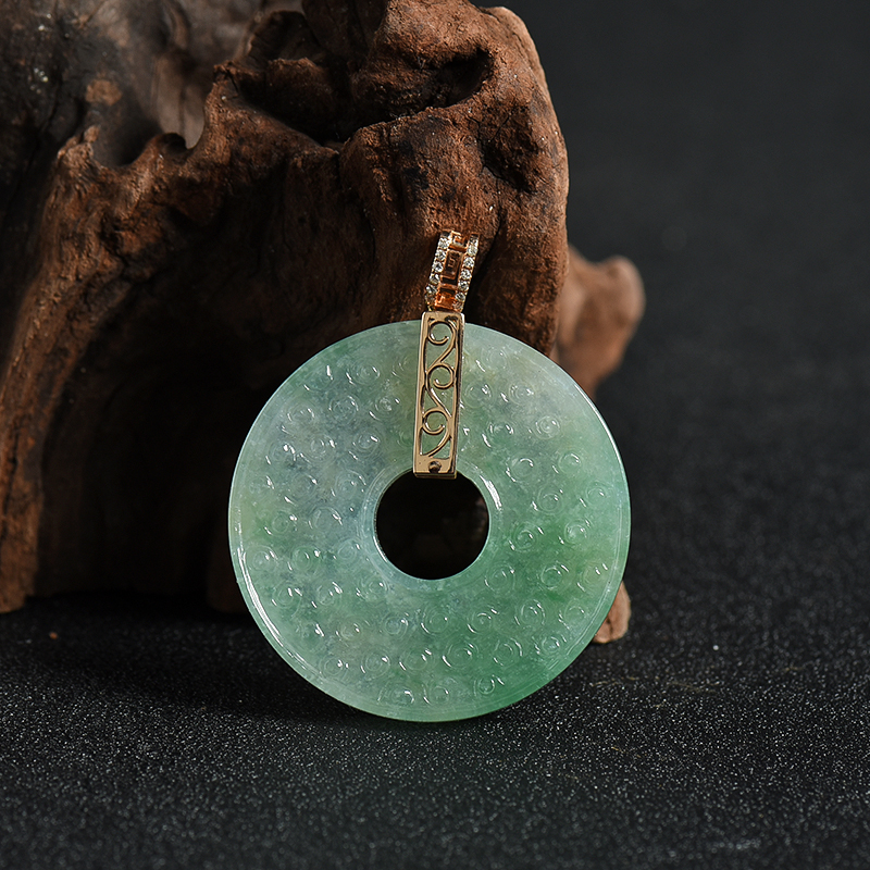 18K金镶钻糯冰种浅绿翡翠平安扣吊坠-红掌柜