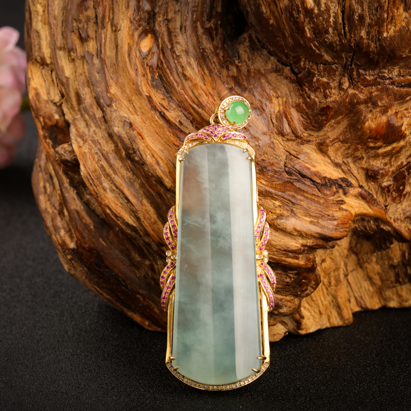 18K金镶钻糯冰种晴水翡翠无事牌吊坠-红掌柜