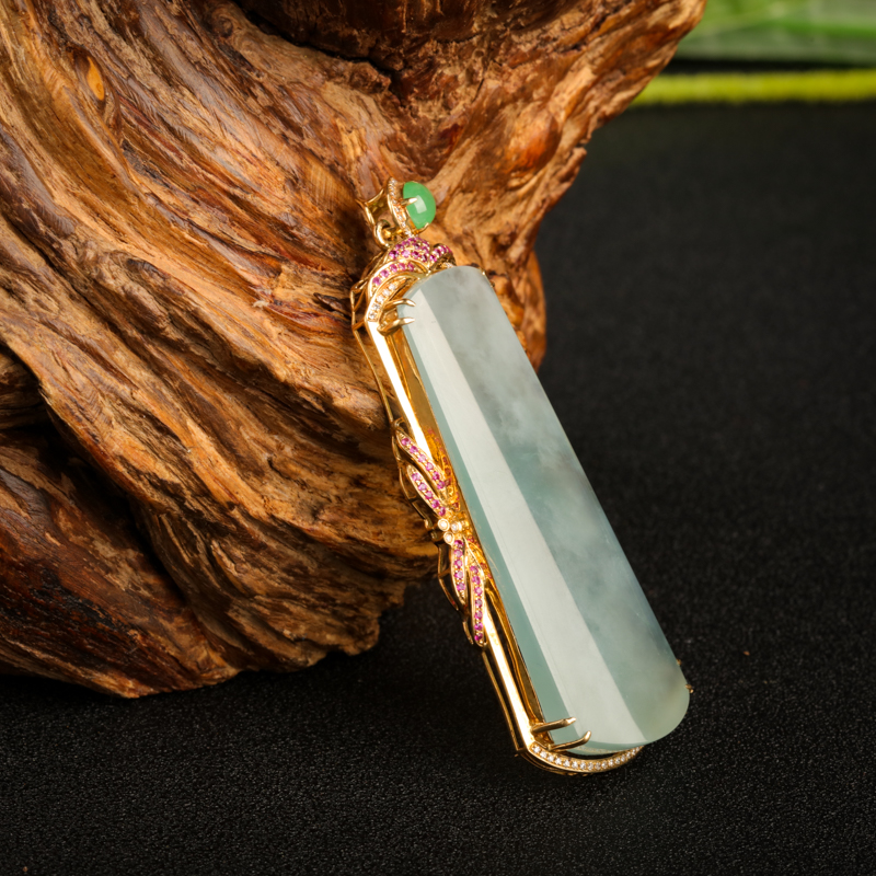 缅甸天然18K金镶钻糯冰种晴水翡翠吊坠-红掌柜