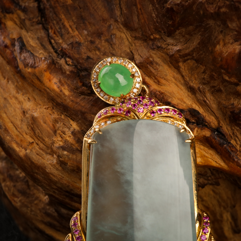 缅甸A货18K金镶钻翡翠无事牌吊坠-红掌柜