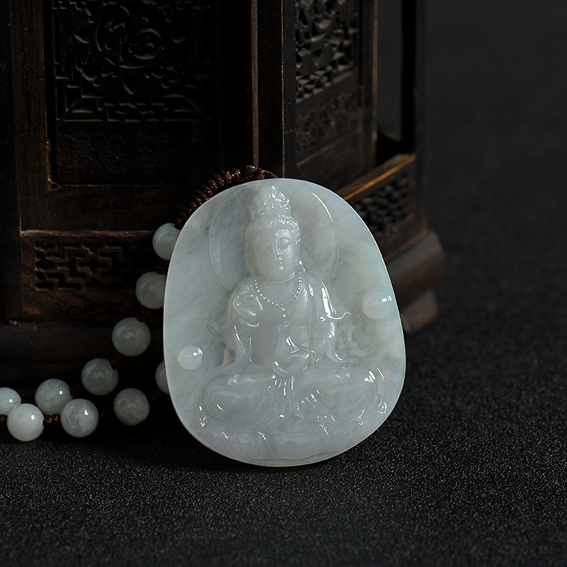 缅甸天然糯冰种翡翠观音吊坠-红掌柜