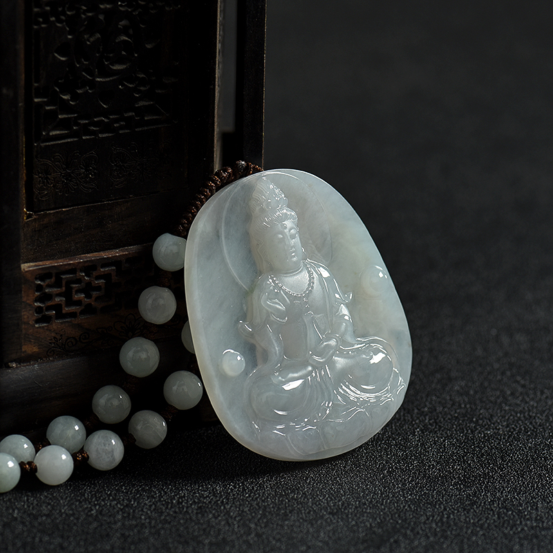 天然糯冰种翡翠观音吊坠-红掌柜