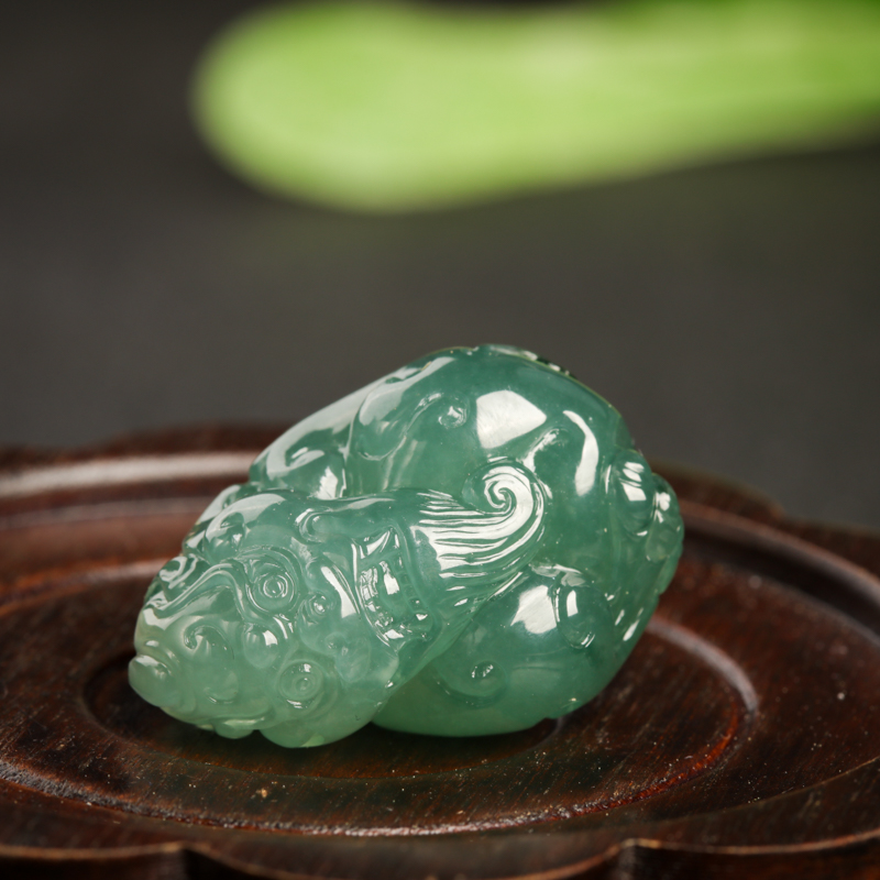 缅甸A货天然糯种深绿翡翠龙头吊坠 - 红掌柜