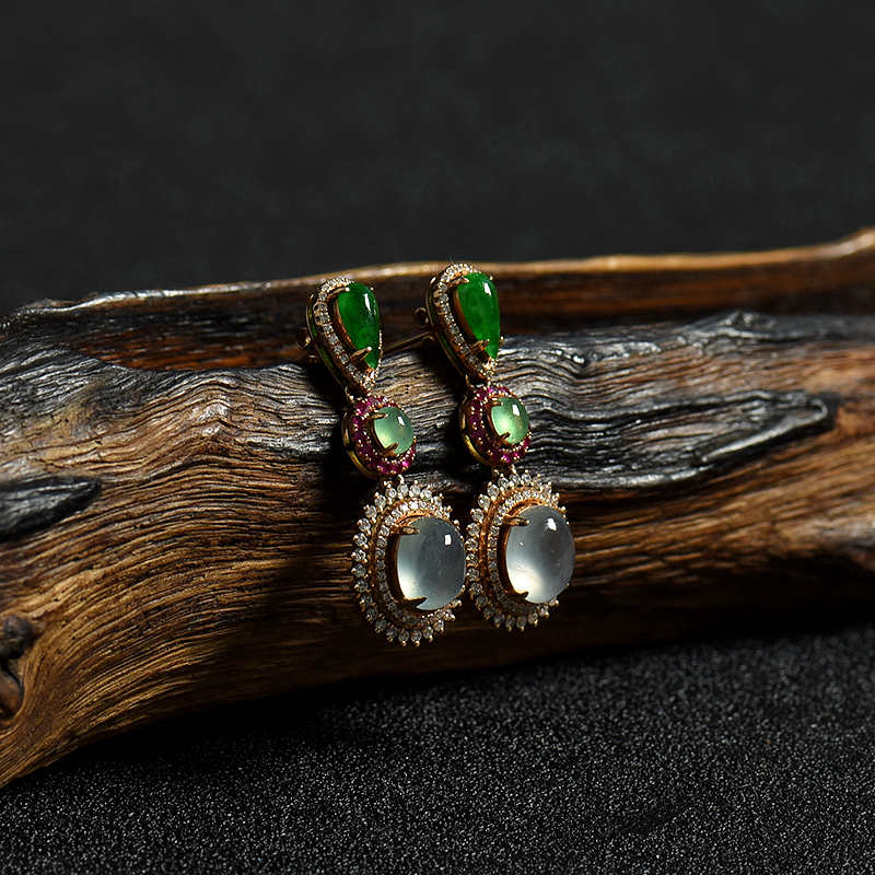 三色翡翠耳坠-红掌柜