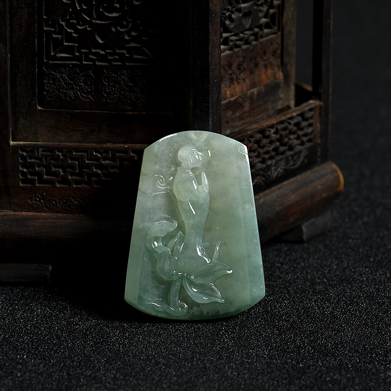 天然缅甸糯种飘花翡翠花开见佛吊坠-红掌柜