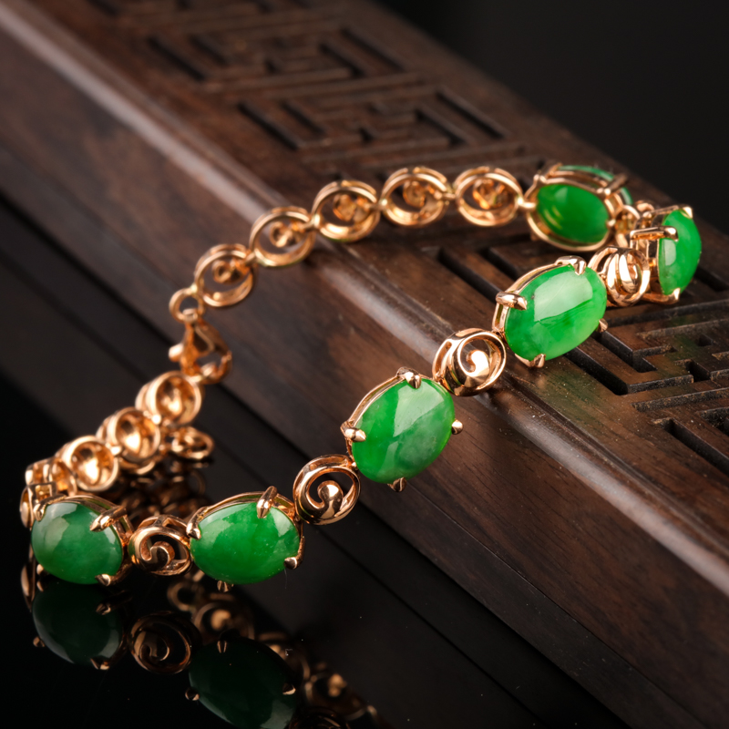 缅甸糯种翠绿翡翠手链-红掌柜