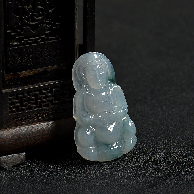 缅甸糯冰种飘花翡翠观音吊坠-红掌柜