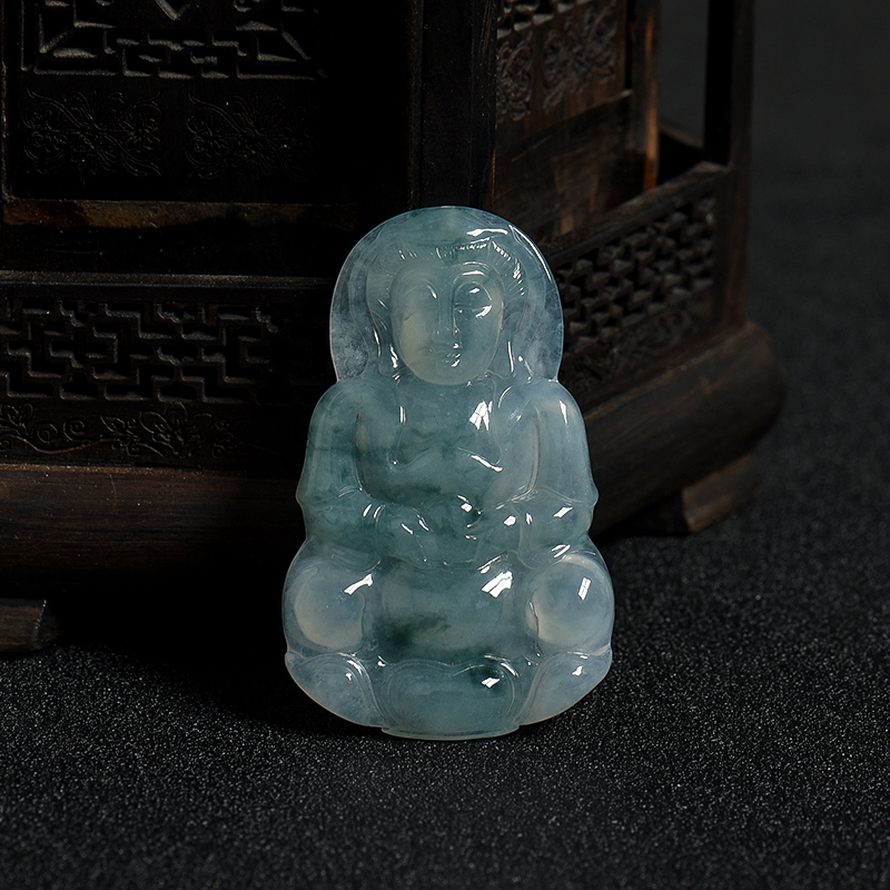 天然缅甸糯冰种飘花翡翠观音吊坠-红掌柜