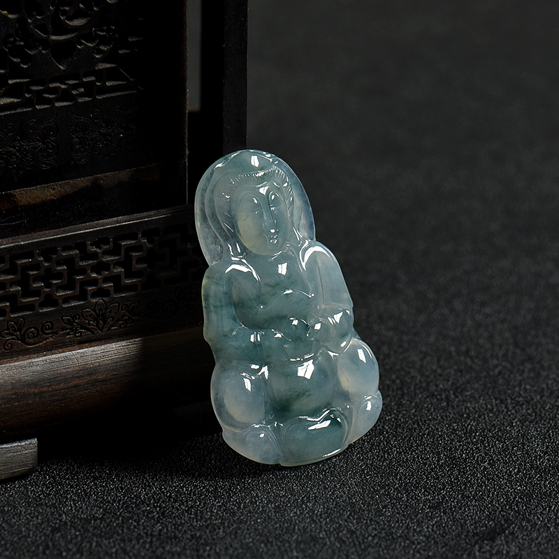 缅甸糯冰种飘花翡翠观音吊坠-红掌柜