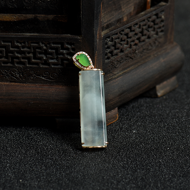 天然缅甸18K金镶钻糯冰种翡翠节节高升吊坠-红掌柜