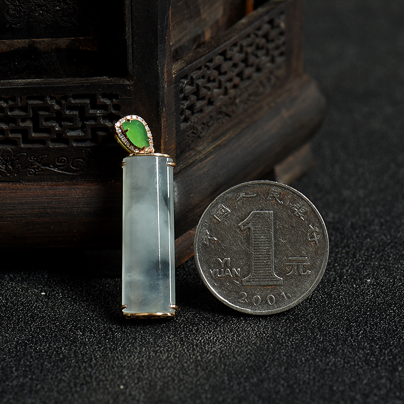 天然缅甸18K金镶钻翡翠节节高升吊坠-红掌柜