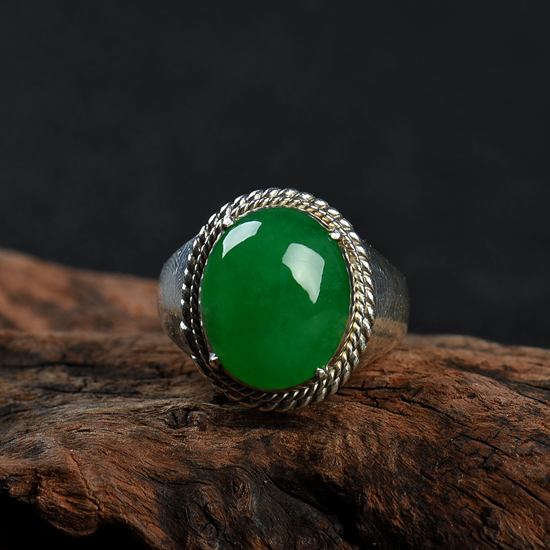 糯冰种翠绿翡翠戒面-红掌柜