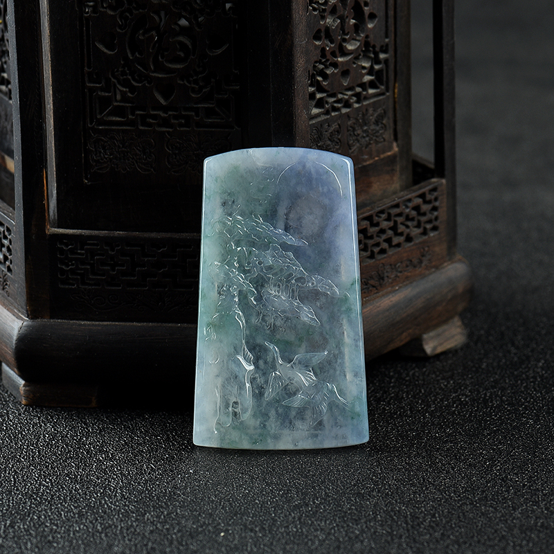 糯冰种春带彩翡翠松鹤延年吊坠-红掌柜