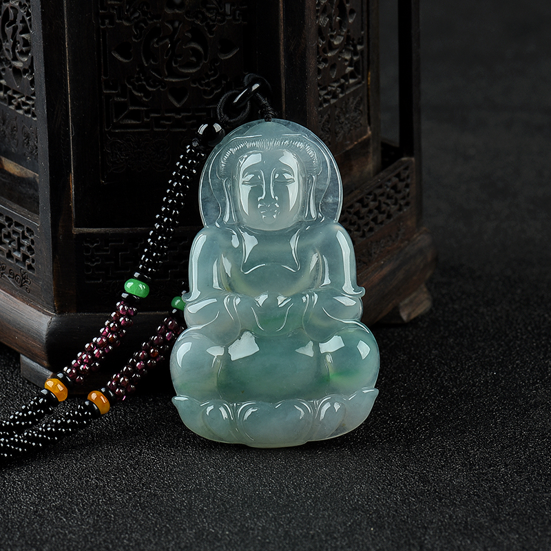 糯冰种飘翠翡翠观音吊坠-红掌柜