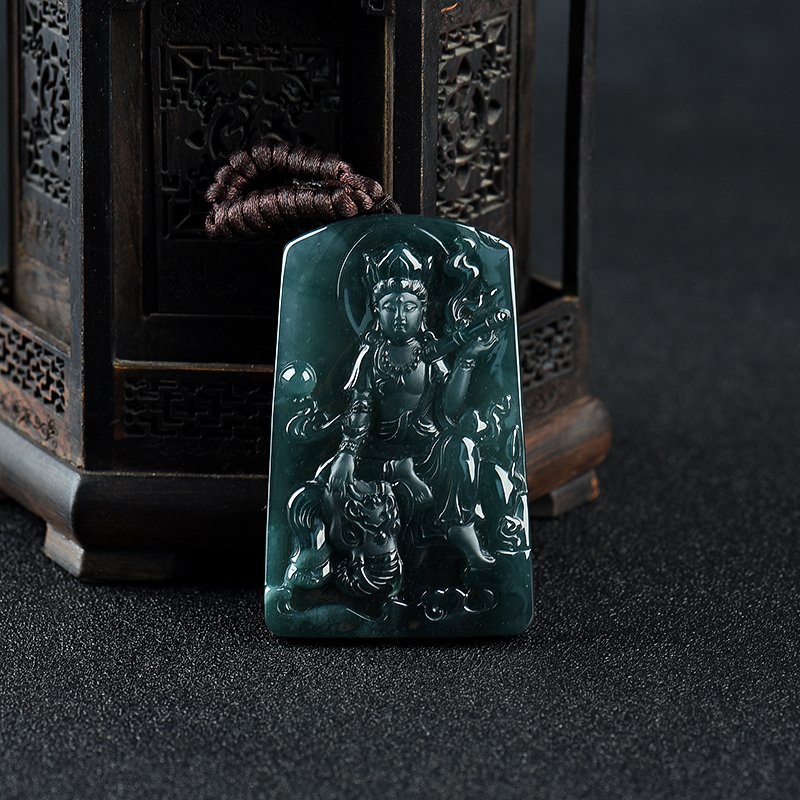 糯冰种暗绿翡翠普贤菩萨吊坠-红掌柜