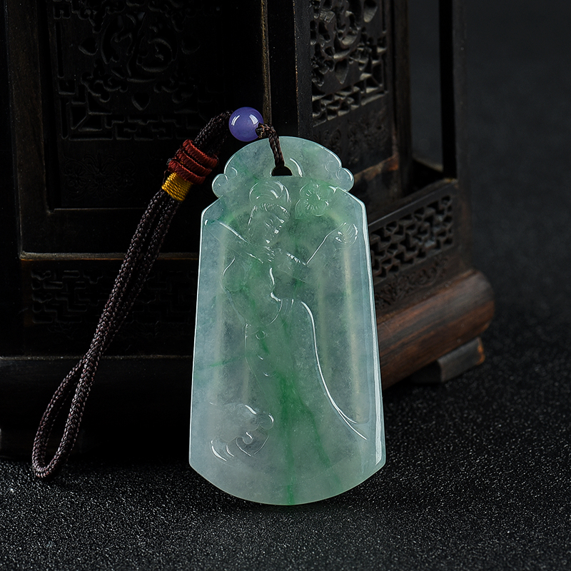 糯冰种飘翠翡翠仕女吊坠-红掌柜