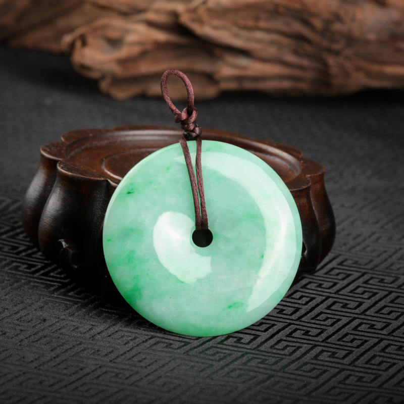 缅甸天然豆种飘翠翡翠平安扣吊坠-红掌柜