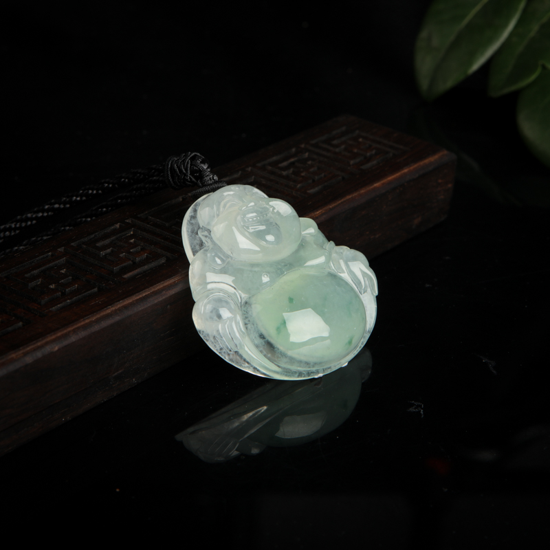 天然飘花翡翠弥勒佛吊坠-红掌柜