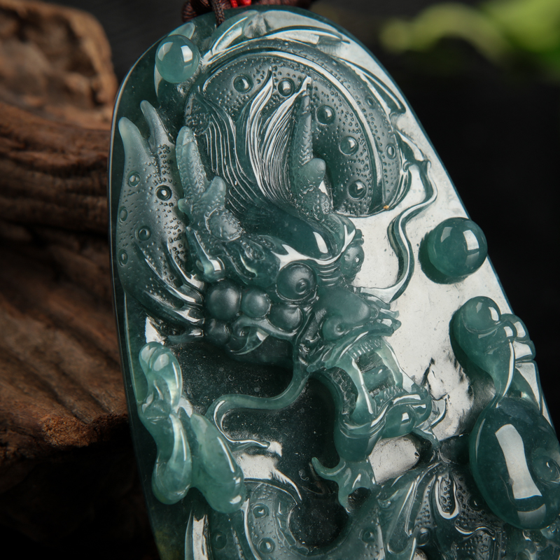 天然糯冰种蓝绿翡翠辰龙吊坠-红掌柜