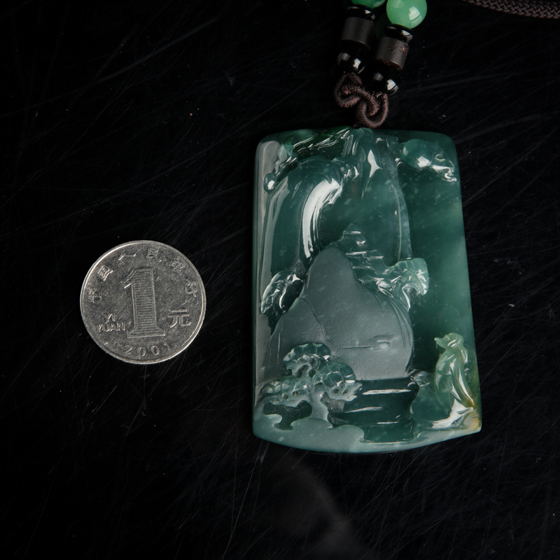 缅甸糯冰种蓝绿翡翠山水牌吊坠-红掌柜