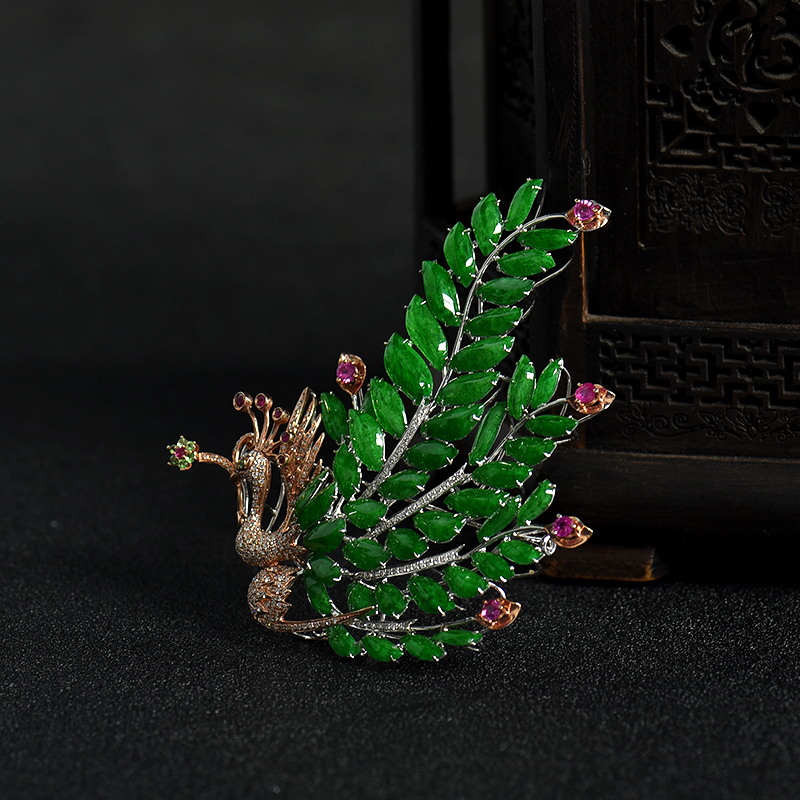 红宝石18K金镶钻糯冰种翠绿翡翠孔雀胸针-红掌柜