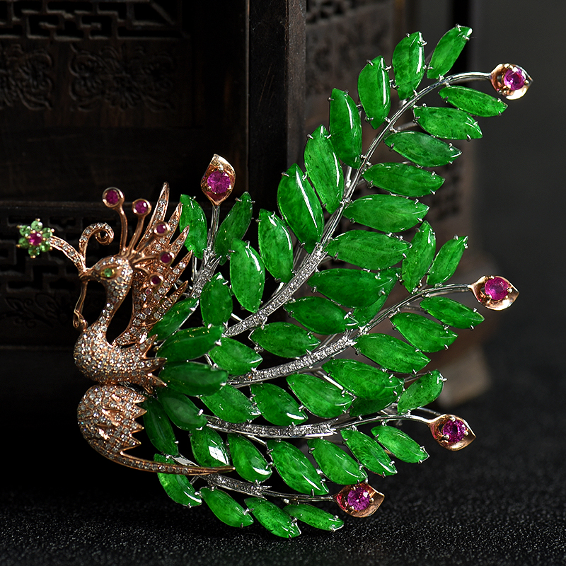 缅甸18K金镶钻糯冰种翠绿翡翠孔雀胸针-红掌柜