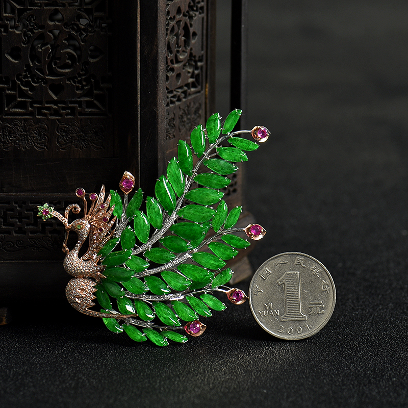 缅甸天然18K金镶钻糯冰种翠绿翡翠孔雀胸针-红掌柜