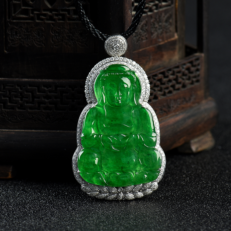 18k糯冰种翠绿翡翠观音吊坠-红掌柜