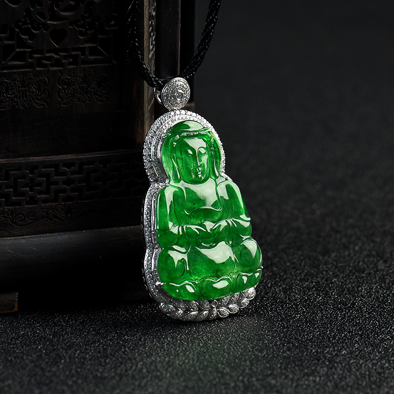 糯冰种翠绿翡翠观音吊坠-红掌柜