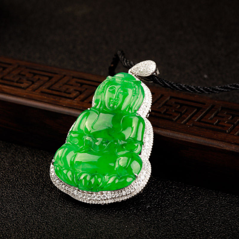 18k糯冰种翠绿翡翠观音吊坠-红掌柜