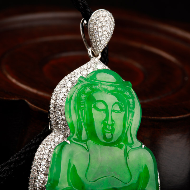 18k天然糯冰种翡翠观音吊坠-红掌柜