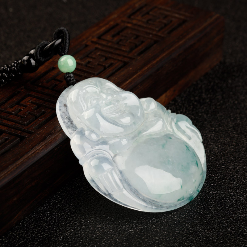天然糯冰种飘花翡翠弥勒佛吊坠-红掌柜