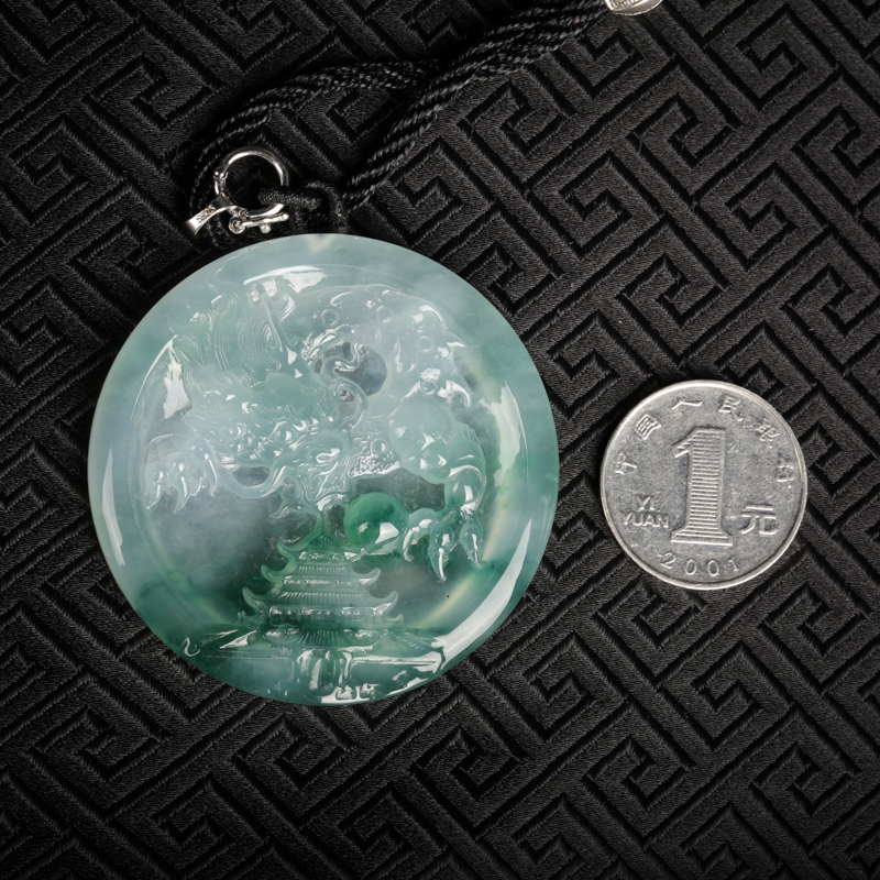 缅甸糯冰种飘花翡翠龙牌吊坠-红掌柜