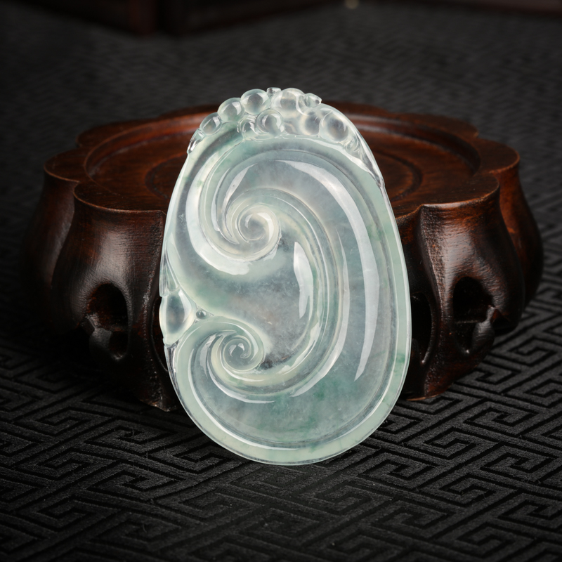 缅甸天然A货糯冰种飘花翡翠如意吊坠-红掌柜