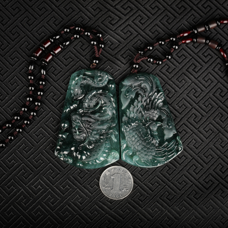 缅甸糯种翡翠龙凤牌吊坠-红掌柜