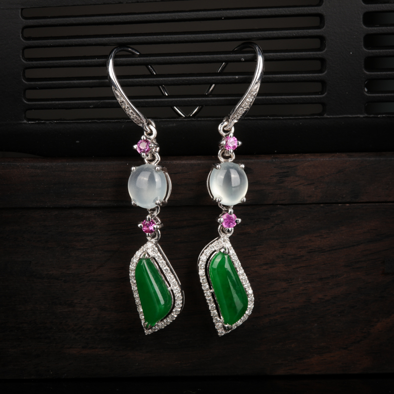 18K糯冰种翡翠耳坠-红掌柜