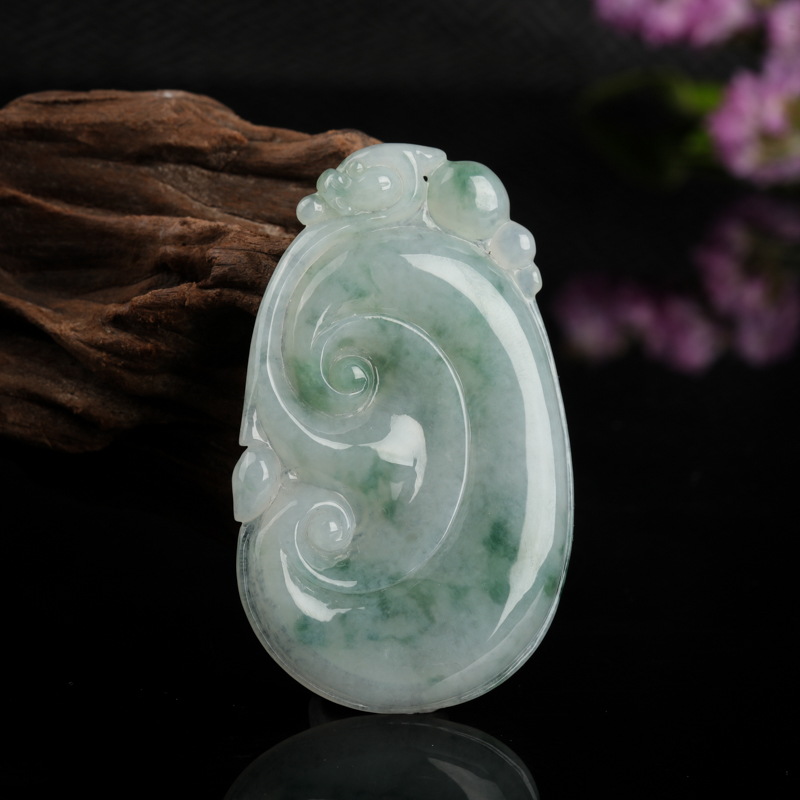 缅甸天然糯种飘花翡翠如意吊坠-红掌柜