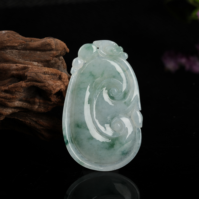 缅甸天然飘花翡翠如意吊坠-红掌柜