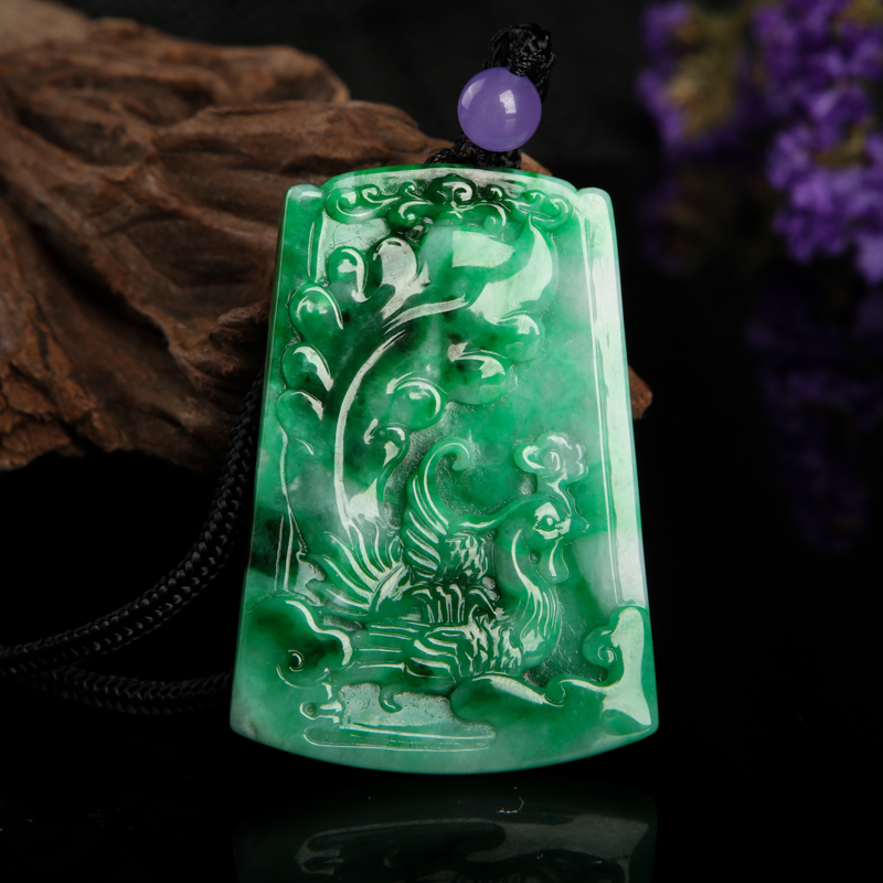 缅甸糯种翠绿翡翠龙凤呈祥对牌吊坠-红掌柜