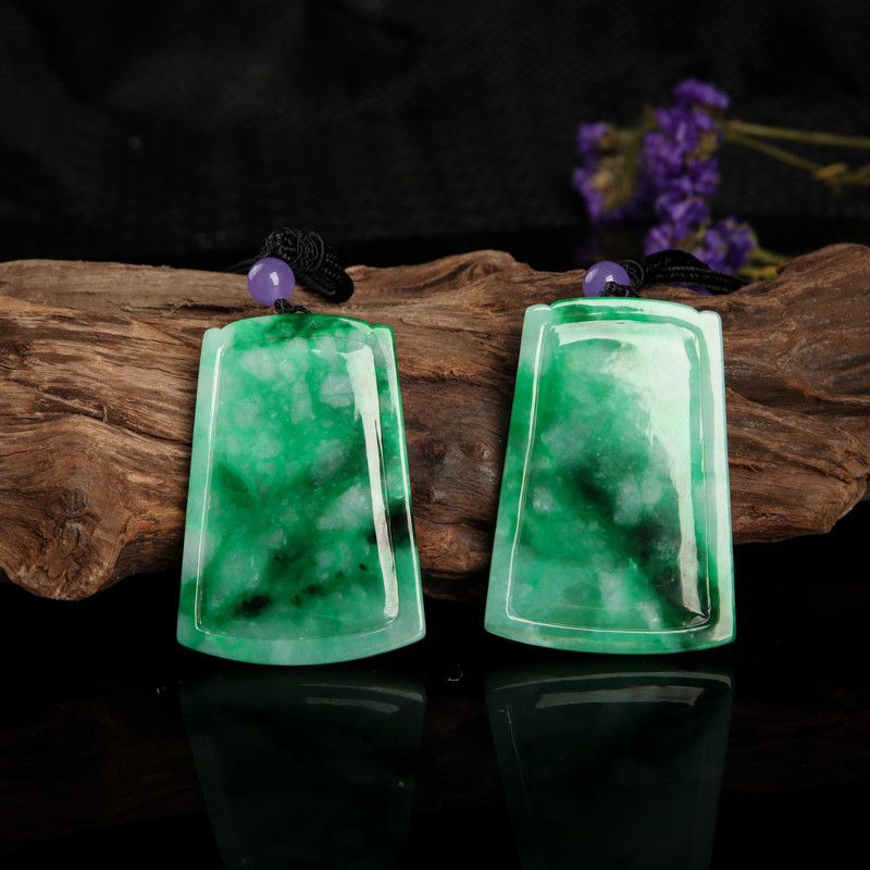 缅甸天然翠绿翡翠龙凤呈祥对牌吊坠-红掌柜